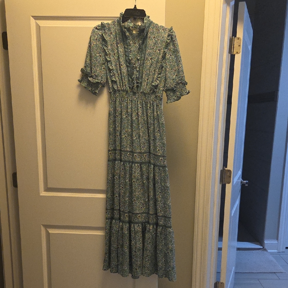 Max Studio Green Floral Ruffle Midi Dress